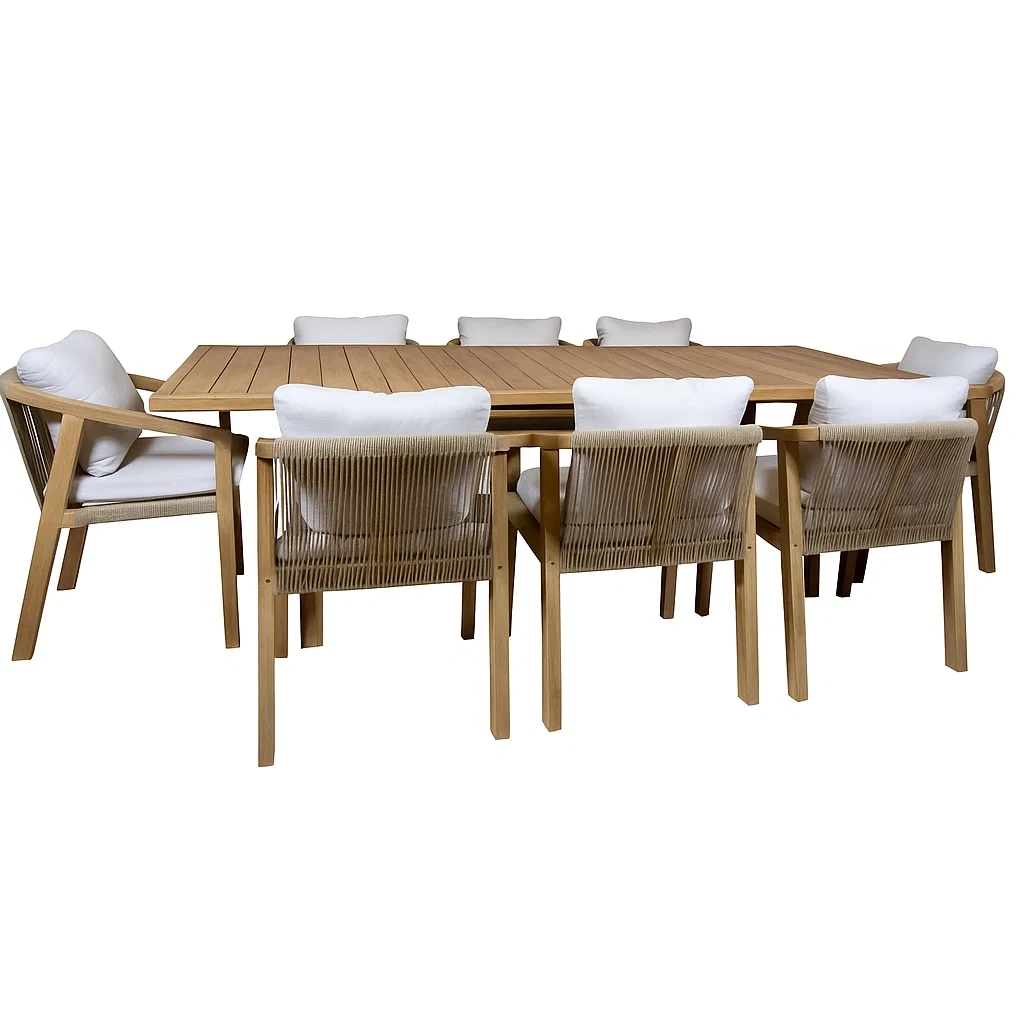 Conjunto de comedor de jardín para 8 personas, Estructura de madera, 8 sillas con cojines, 1 mesa rectangular, Madera natural y cojines blancos - bCktNoB222Wd