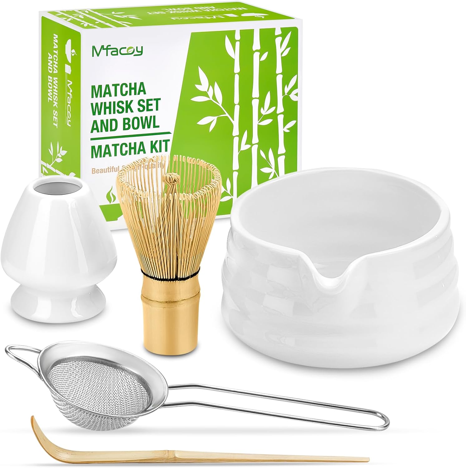 Matcha Whisk Set, Japanese Tea Set (5pcs) includes Matcha Bowl with Spout (19 oz), Bamboo Whisk and Matcha Scoop, Whisk Holder, Stainless Steel Sifter, Tea Making Tools, Matcha Kit