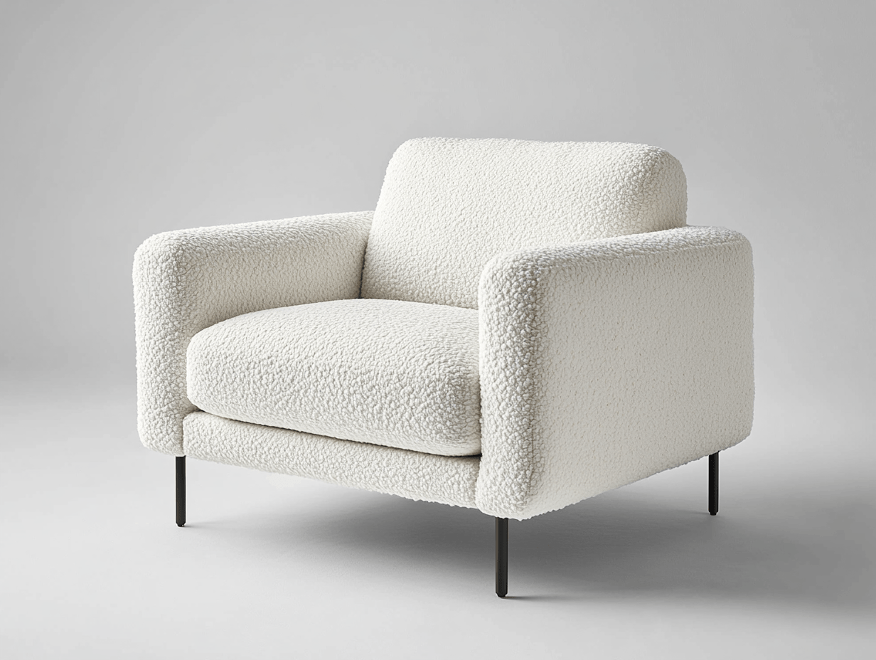 Sillón moderno de club tapizado en tela bouclé blanca – patas negras de metal