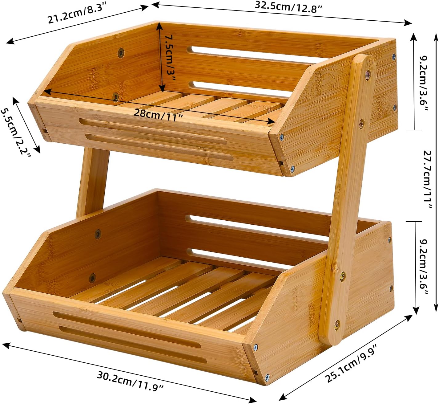 VIKEYHOME Fruit Basket, 2 Tier Bamboo Fruit Basket for Kitchen, 11