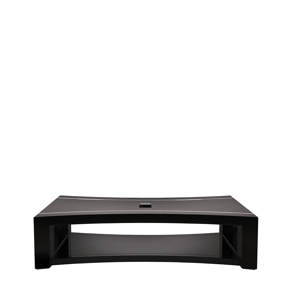 TABLE BASSE RAISINS INCURVÉE - CRISTAL INCOLORE, LAQUÉ NOIR, PLATEAU EN VERRE NOIR