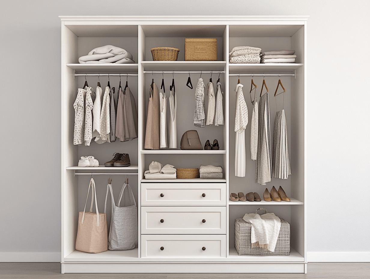 Armario blanco rectangular con estantes, barras colgantes y 3 cajones madera 180x60x200cm dormitorio almacenamiento ropa