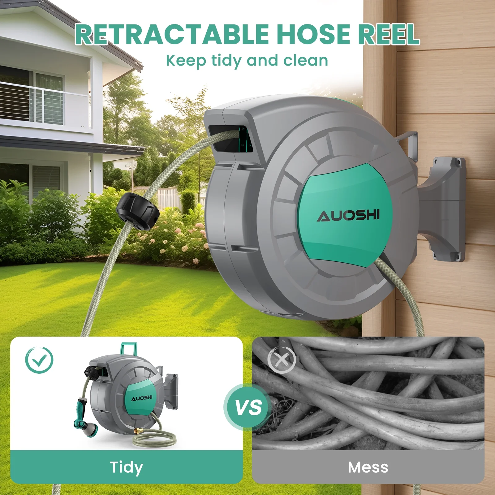 AUOSHI Retractable Garden Hose Reel 1/2" 100ft Automatic Hose Reel with 10 Function Sprayer Nozzle Wall Mount 180 Deg Swivel Bracket Hose Reel with Any Length Lock Slow Return System - Image 15