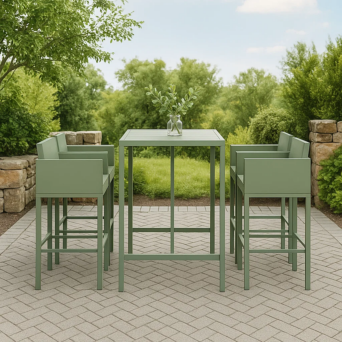 Conjunto de bar para jardín 5 pzas aluminio verde – mesa alta y 4 taburetes con respaldo