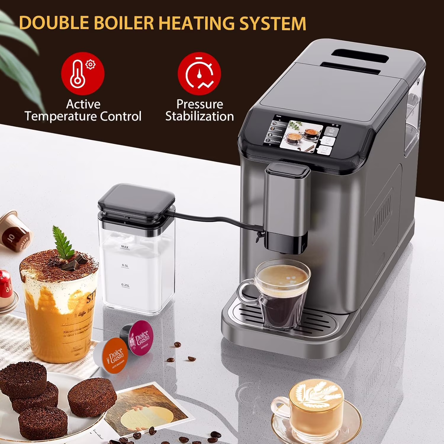 AOILE 20-Bar Dual Boiler Espresso Machine, Self-Cleaning Coffee Maker with Grinder & LCD Touch Panel