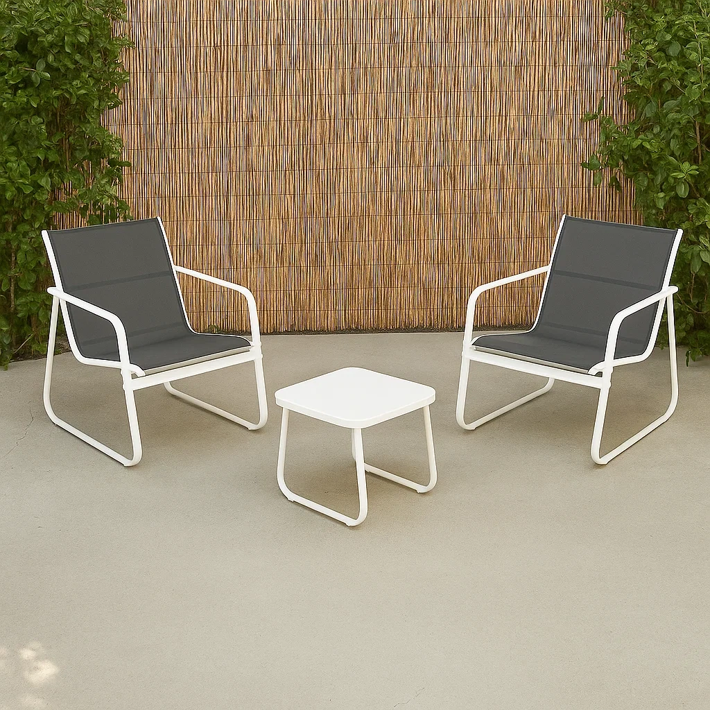 Conjunto de jardín de metal: 2 sillones y 1 mesa auxiliar,Blanco y textileno gris - wQkVnUW215Sf