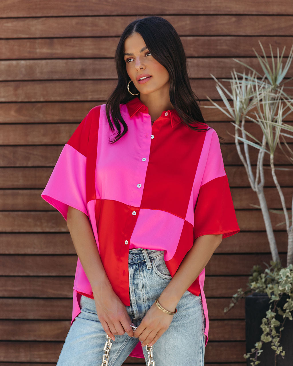 Fenella Colorblock Button Down Top - Red Combo - FINAL SALE - Se7enfashion