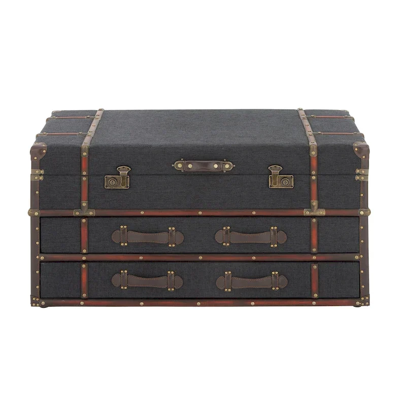 Roche River Decor Faux Leather or Linen Fabric Coffee Table Trunk with 2 Drawers and Buckle Hinged Top - Available in Dark Blue or Brown