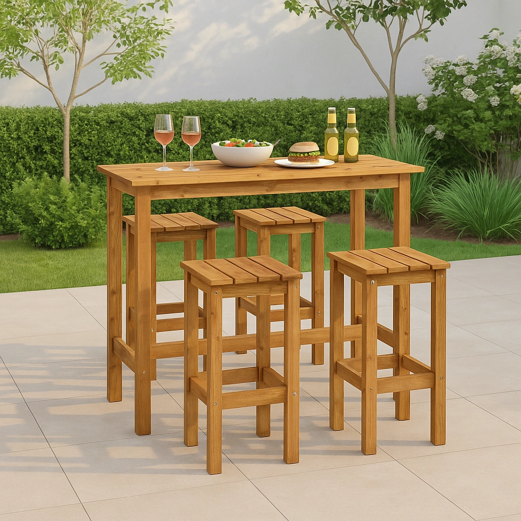 Conjunto de mesa de bar de madera con taburetes para jardín
