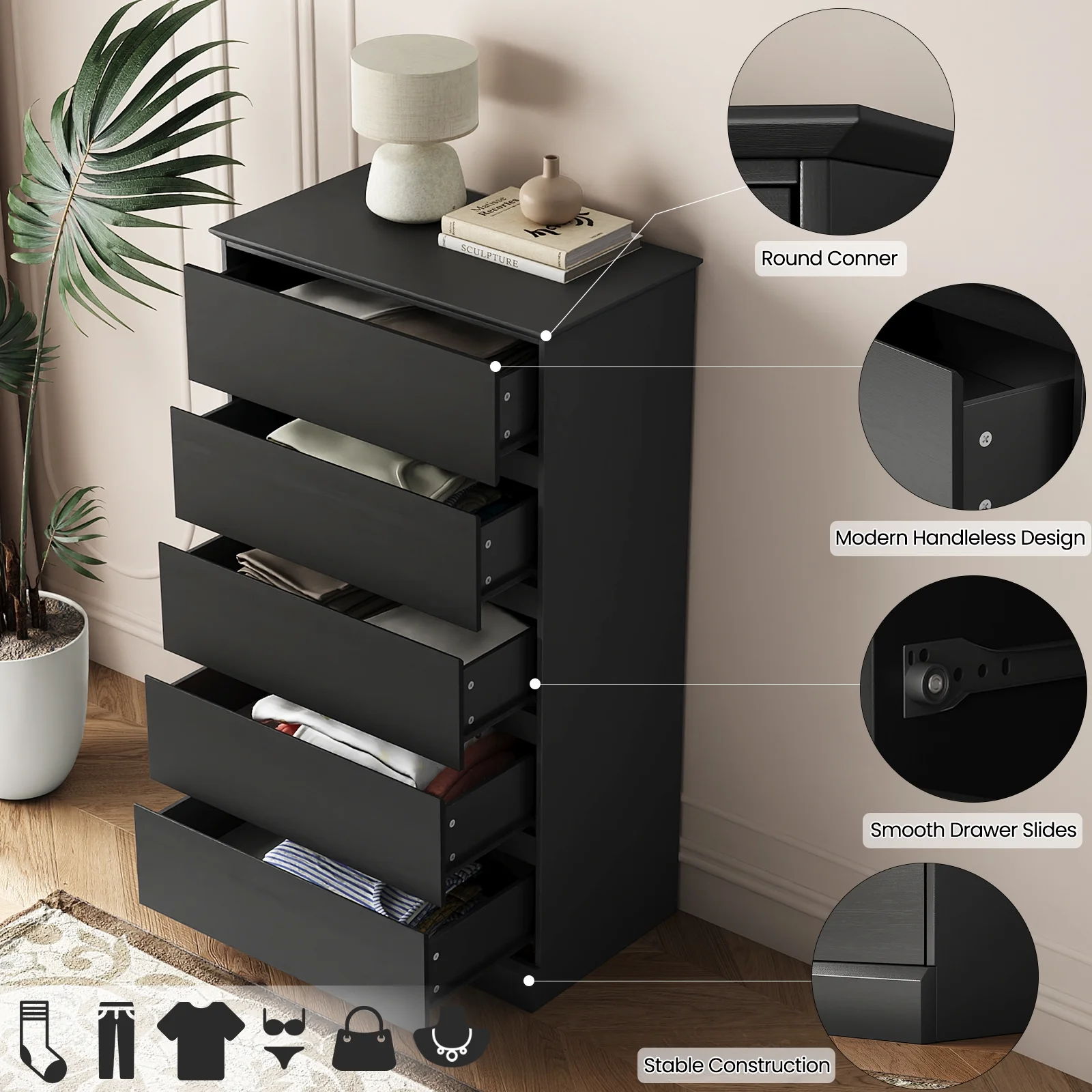 Black Dresser Bedroom Dresser, Tall Wood 5 Drawer Dresser & Chest of Drawers for Closet, Living Room Hallway Kids Bedroom - Image 5