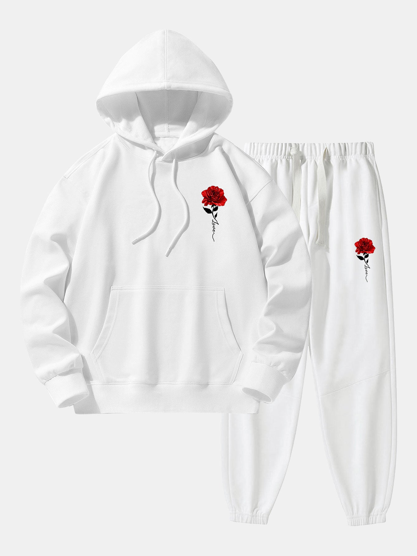 Rose Print Cotton Blend Hoodie & Jogger Pants