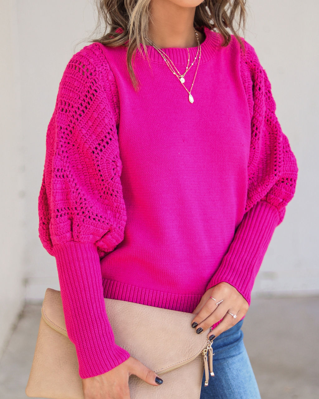 Naveen Cotton Blend Crochet Sleeve Sweater - Berry - SALE - Se7enfashion