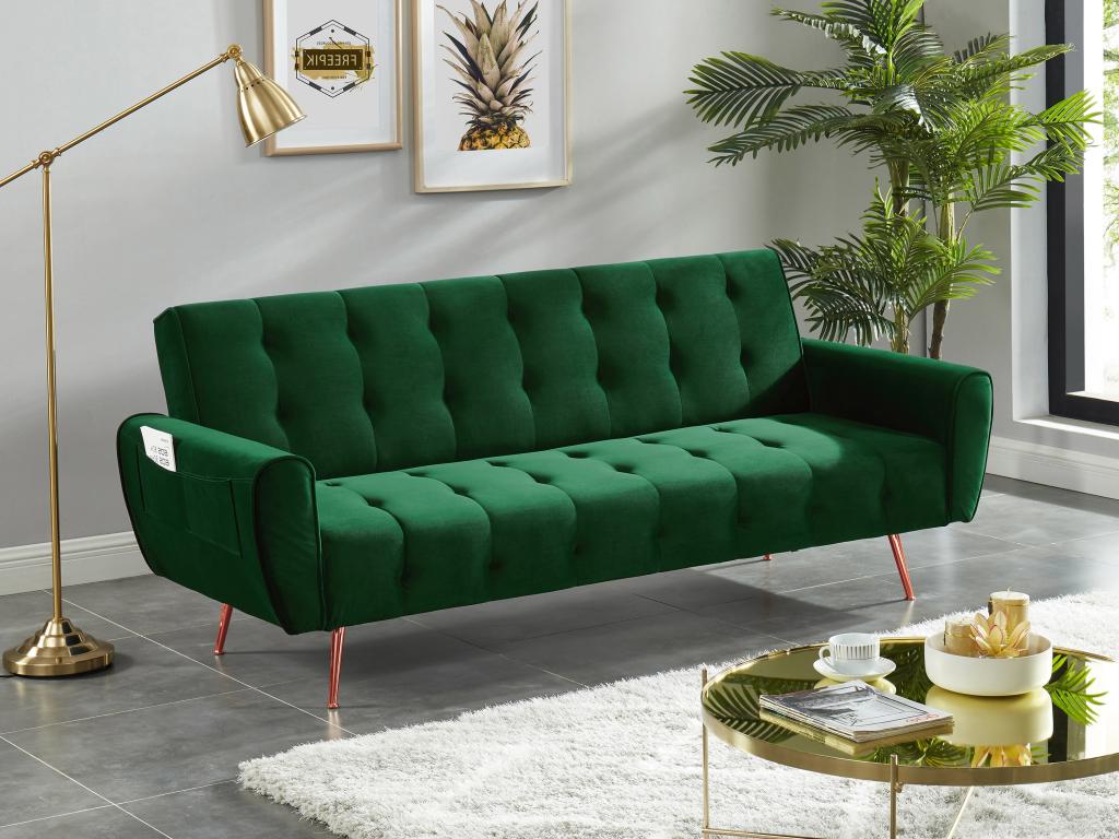 Sofá cama de 3 plazas de terciopelo verde - nCfAYJl892Vh