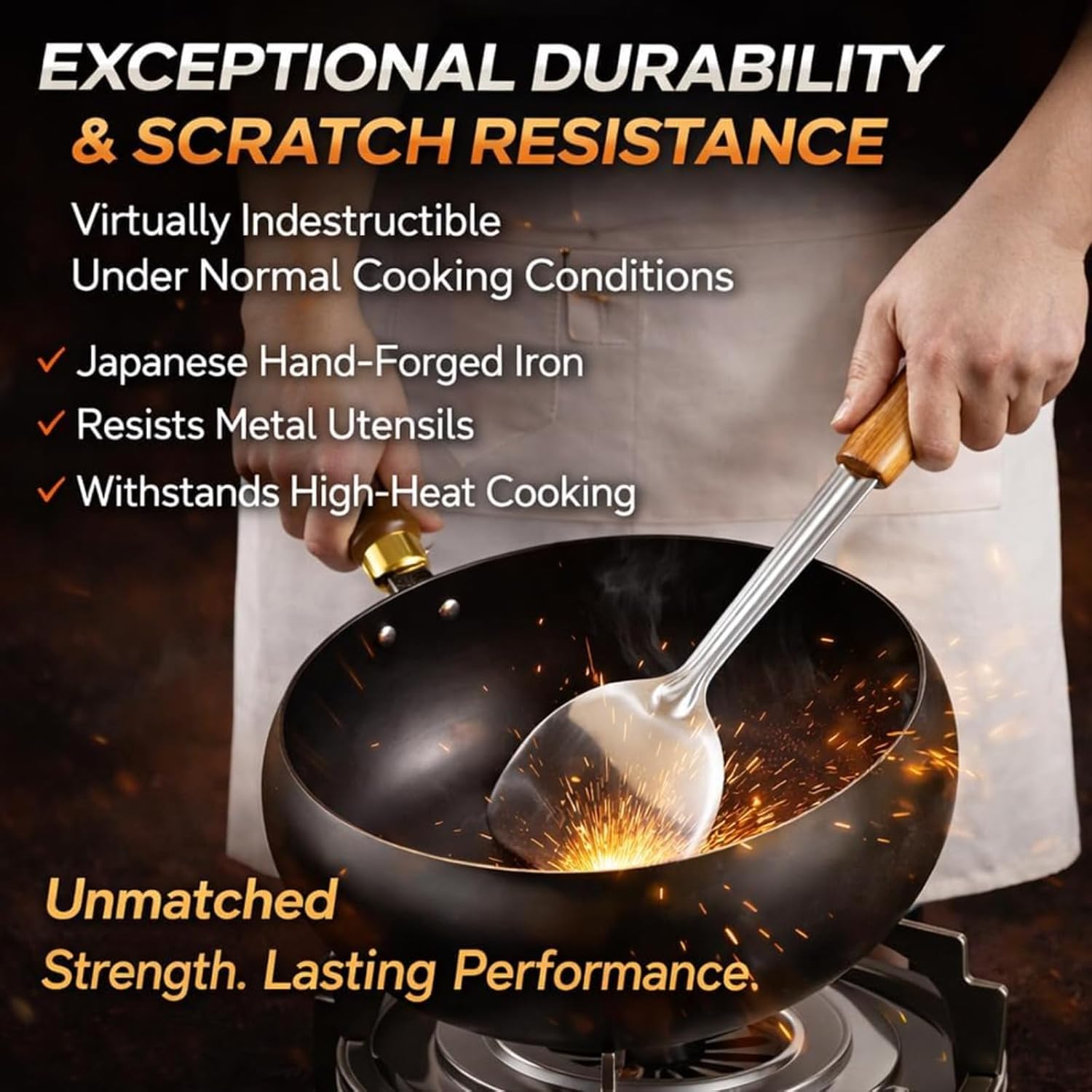 Uncoated Thick Iron Pot, Hand-Forged Japanese Cast Iron Pan with Lid, Non-Stick After Seasoning, Versatile Deep Wok for Frying & Searing, Induction Compatible Cookware (Glass cover,11in)