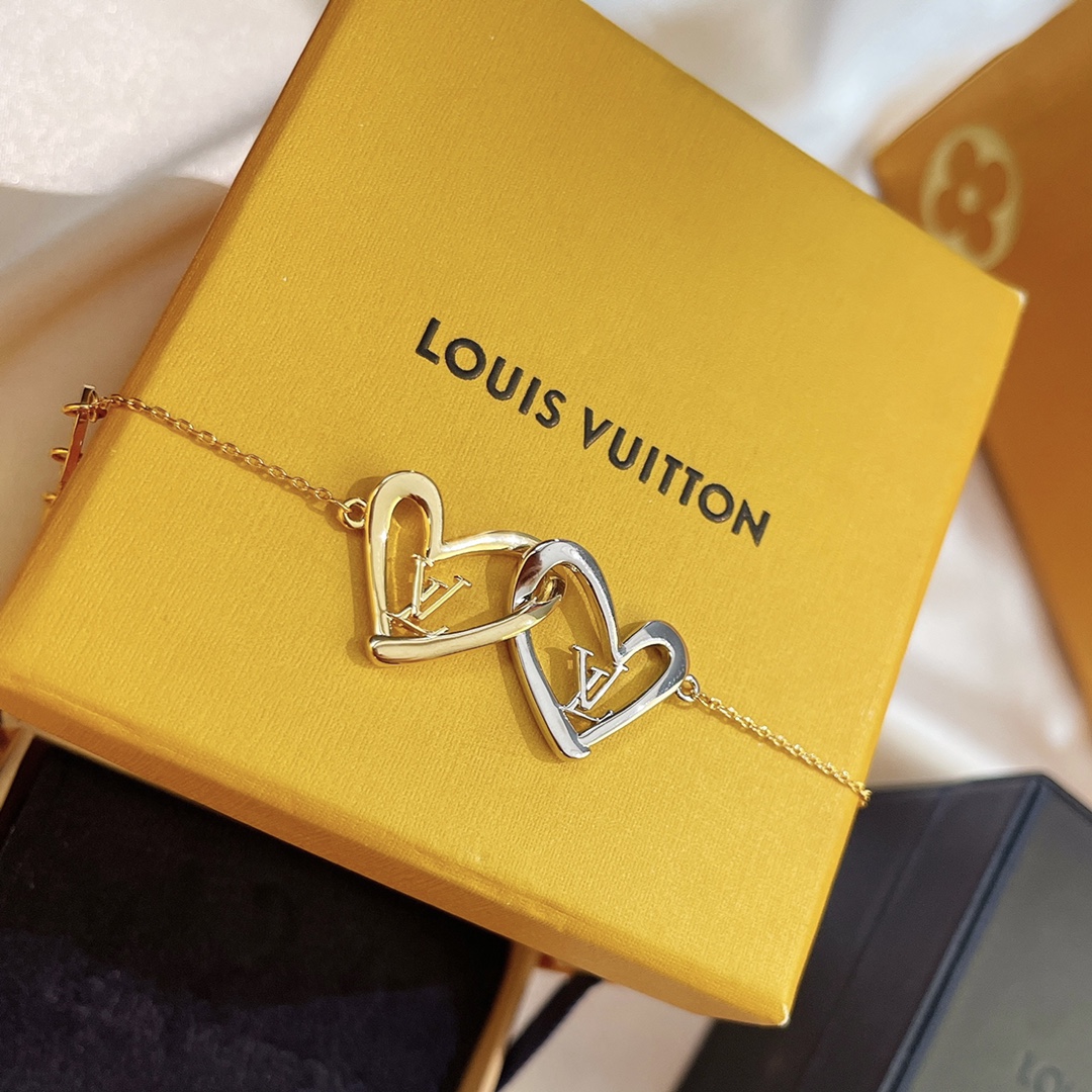 Louis Vuitton Hollow Silver Gold Double Interlocking Hearts Bracelet - Original Replica Club