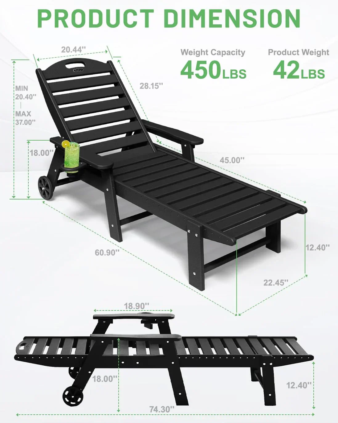 Lounge Chair Outdoor, Chaise Lounge, HDPE 6-Position Outdoor Chaise Lounge, Patio Lounge Chair with Wheels & Cup Holder for Pool Poolside Deck Backyard, Teak