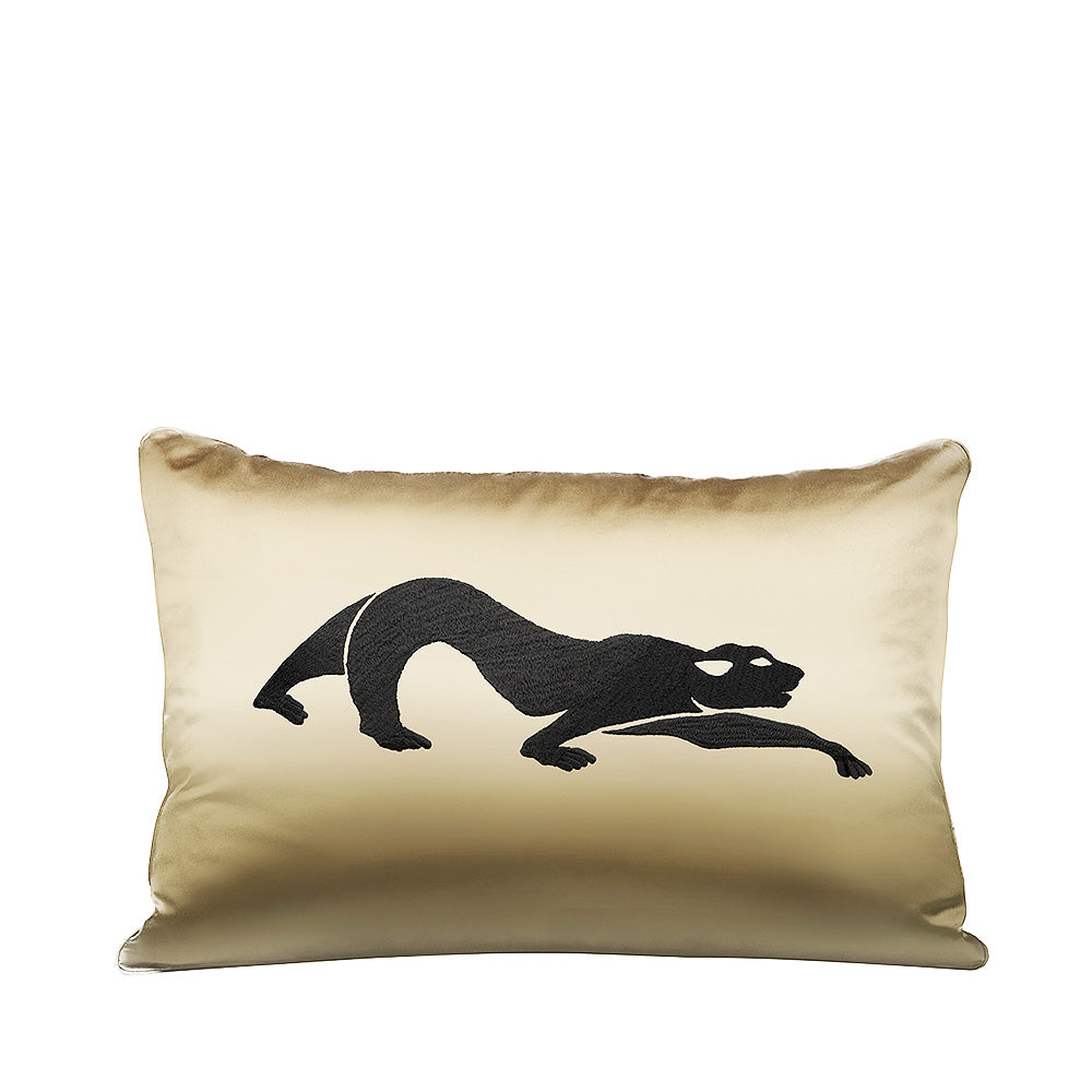 COUSSIN BRODÉ PANTHÈRE MOYEN MODÈLE - SOIE PLATINE, BRODÉ NOIR, RECTANGULAIRE