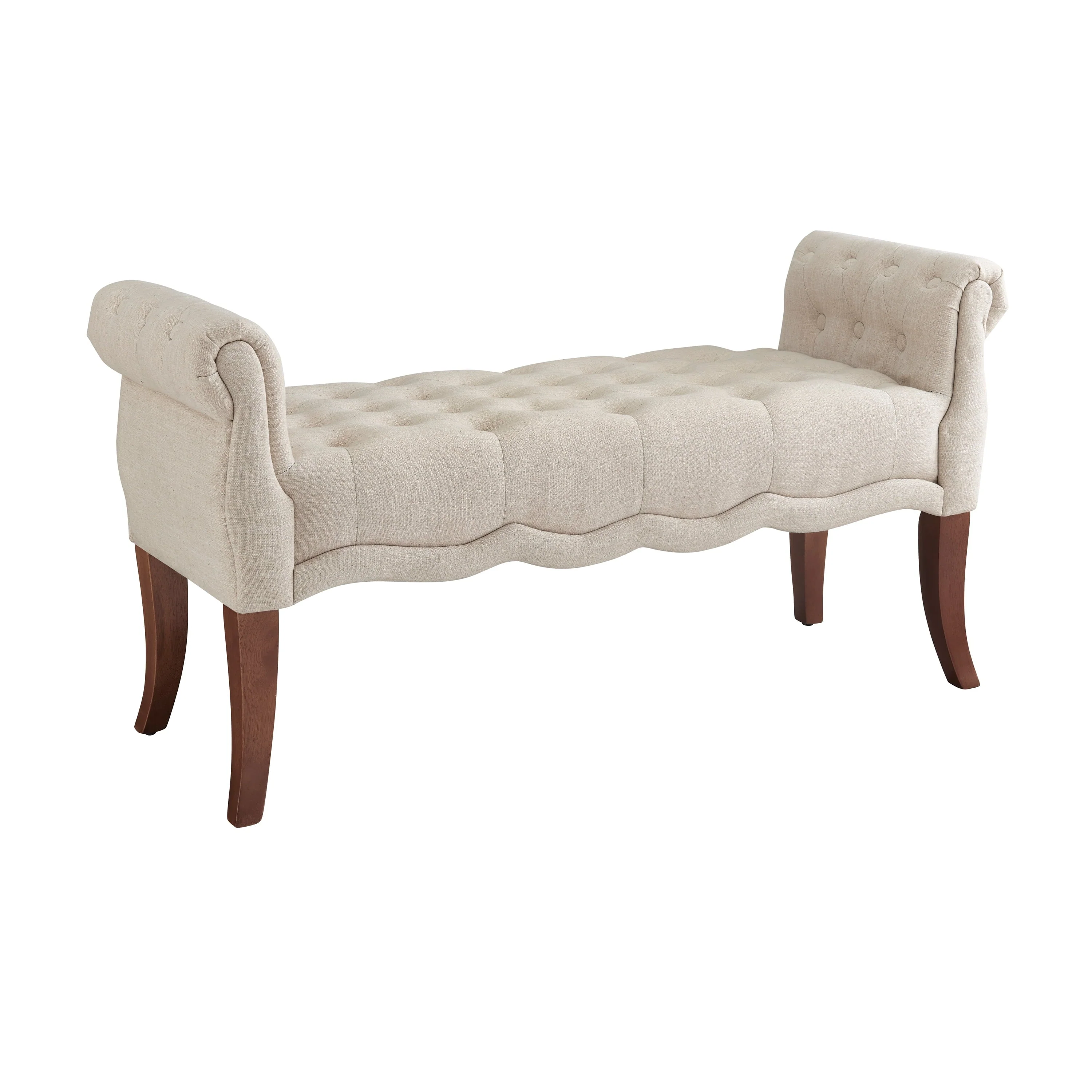 Linon Menlo Rolled Arm Button Tufted Bench, Dark Walnut Finish with Natural Fabric - Image 4