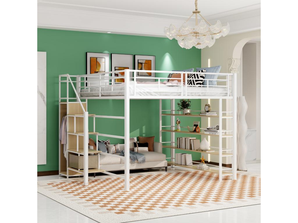 Cama Nestleare 140 x 200 cm con estantes y armario pequeño - estructura de metal - blanco