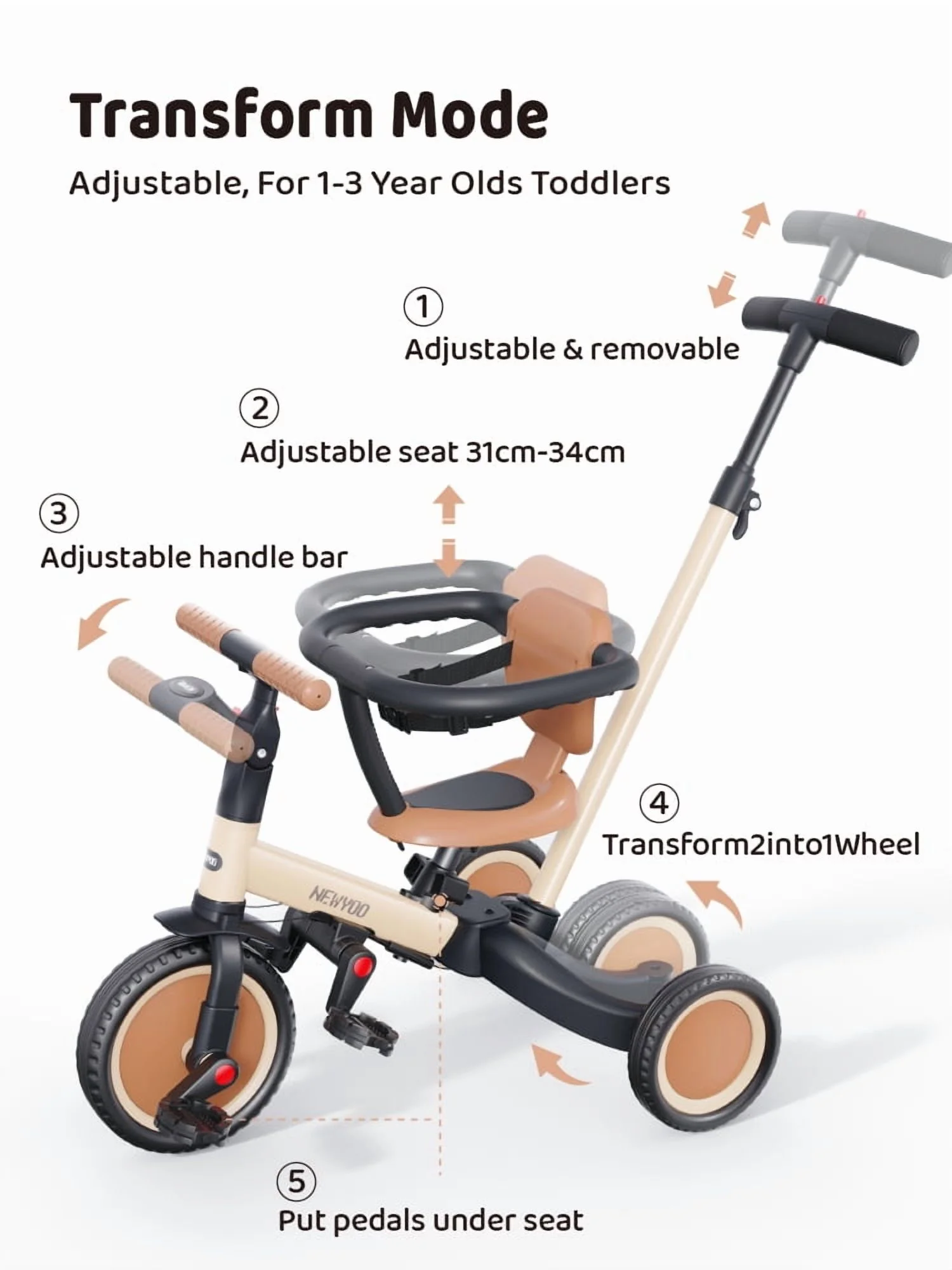 newyoo TR008 5-in-1 Toddler Tricycle with Push Handle, Converts to Balance Bike for 1-3 Year Old, Khaki - Image 4