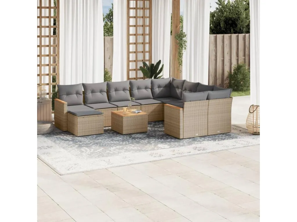 Set de sofás de jardín 11pzas con cojines ratán sintético beige RHVZ19139