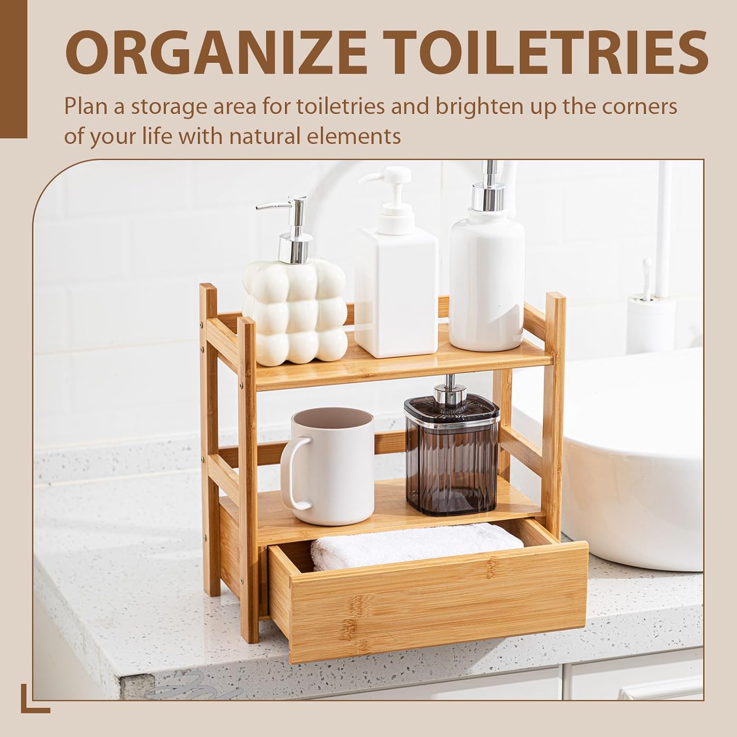 Chunful 2 Tier Matcha Station Bamboo Organizer with Hidden Drawer, Wood Home Coffee Station Organizer for Kitchen Countertops, Coffee Bars, Kitchen & Office Storage(13 L x 6.5 W x 12.6 H)(Natural)