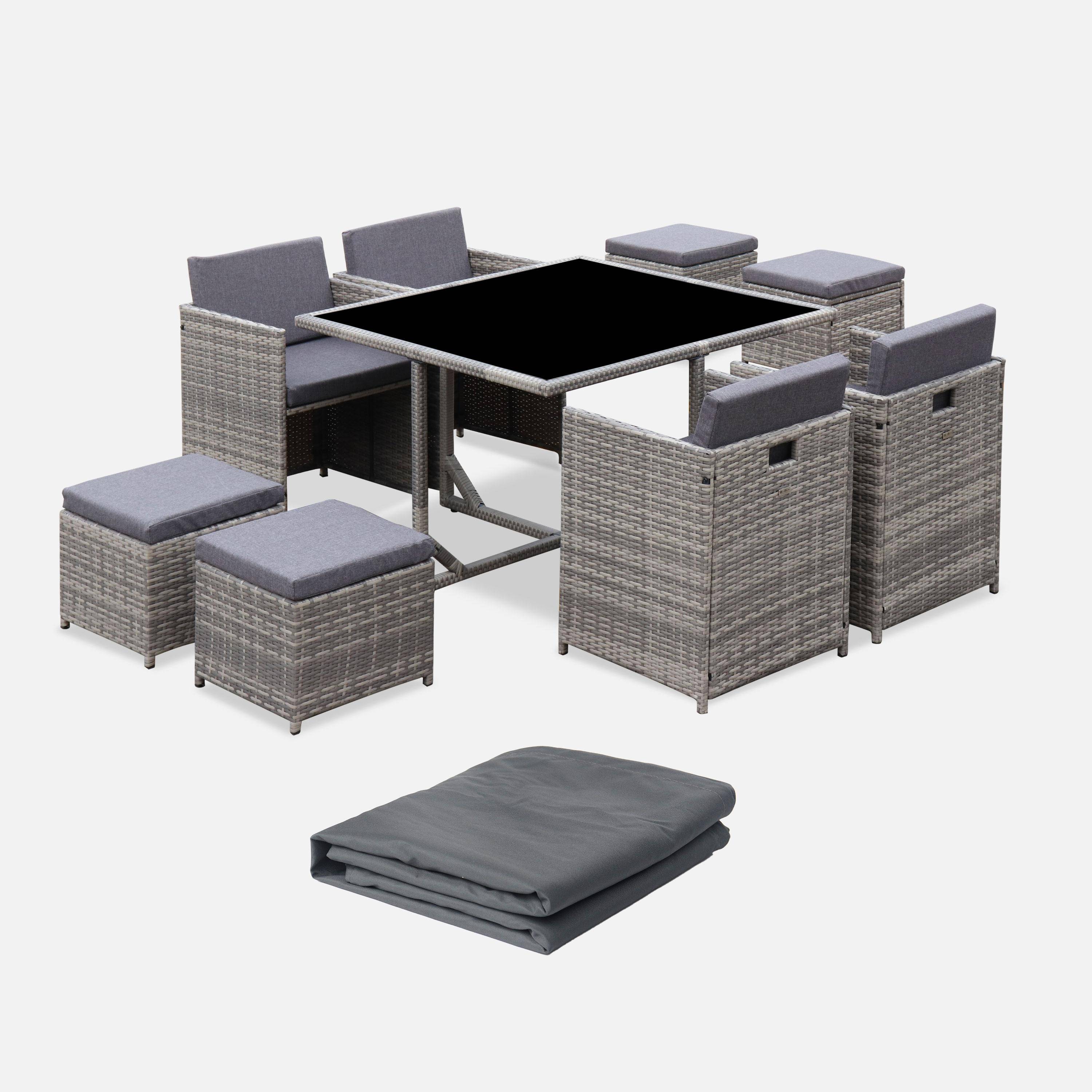 Vabo 8 + funda - Mesa de jardín encastrable resina con 8 sillones + cobertor