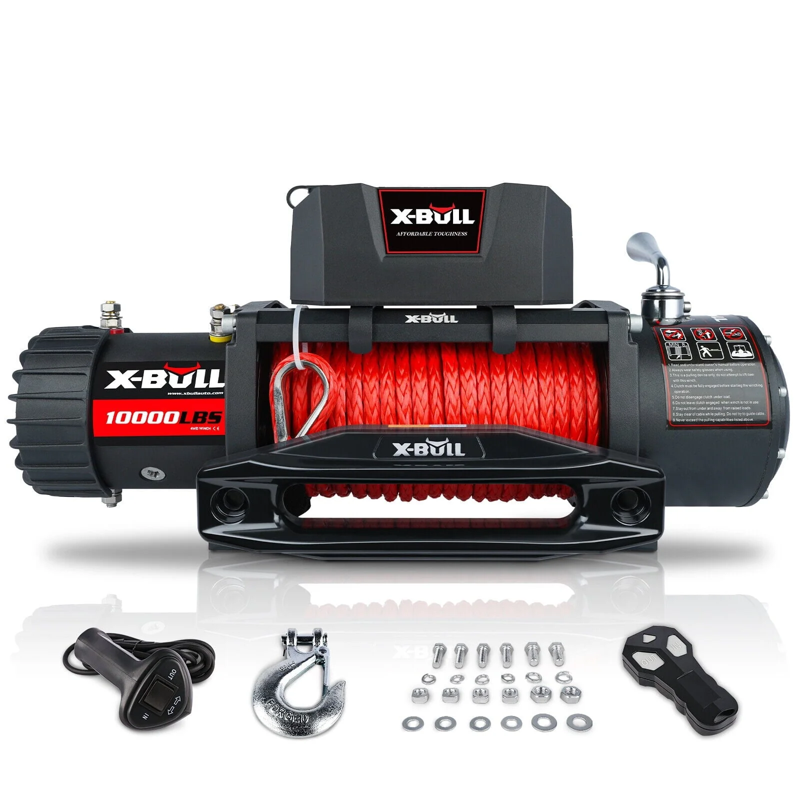 X - BULL 10000 lb Winch Load Capacity Electric Winch Kit 12V Synthetic Rope Waterproof Electric Winch with Hawse Fairlead with Wireless Handheld Remote and Corded Control Recovery