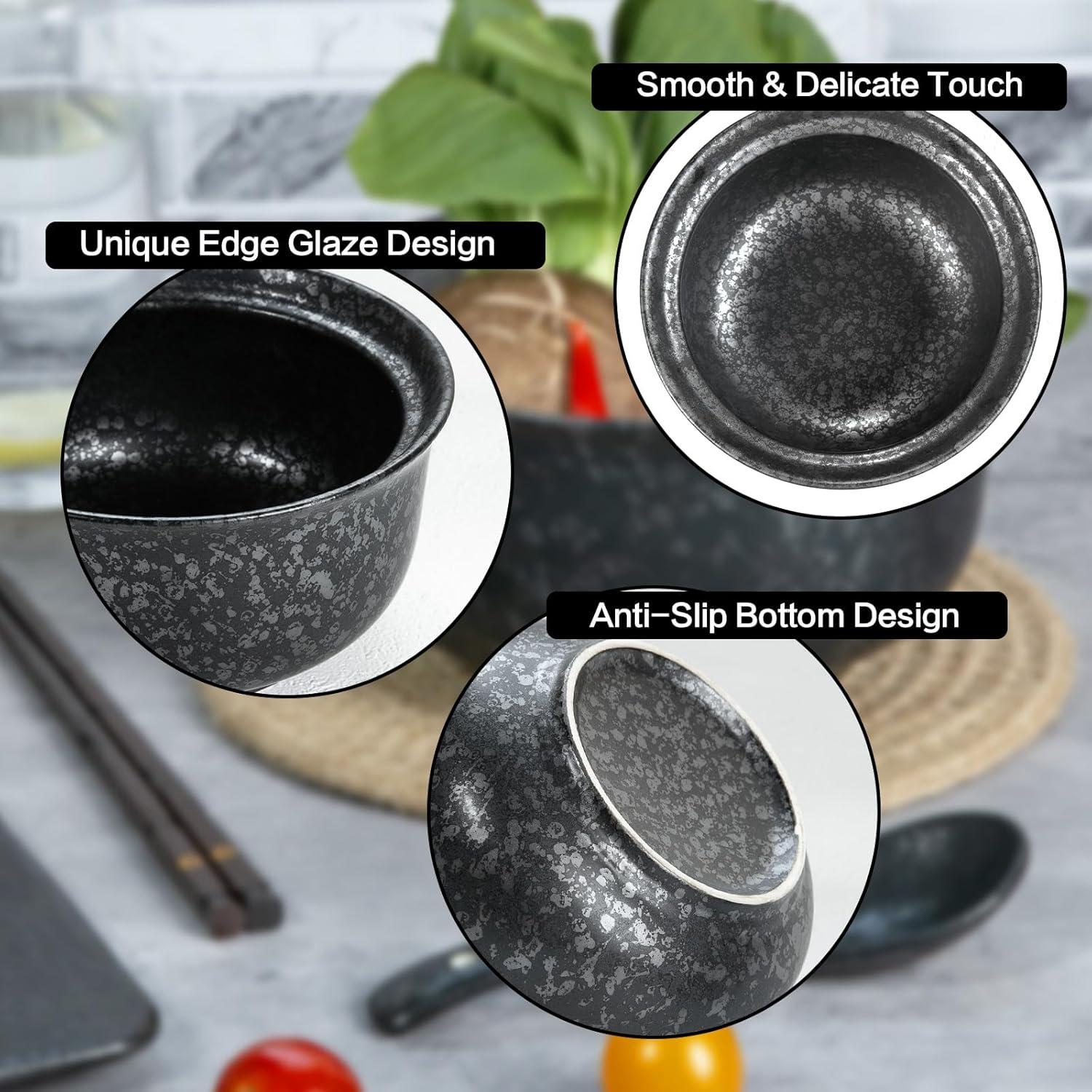 Ceramic Ramen Bowl Set of 2, Ramen Noodle Bowl with Lid 27oz Japanese Retro Style Soup, Pho, Udon Bowls, Matching Spoons and Chopsticks for Microwave & Dishwasher Safe, Black