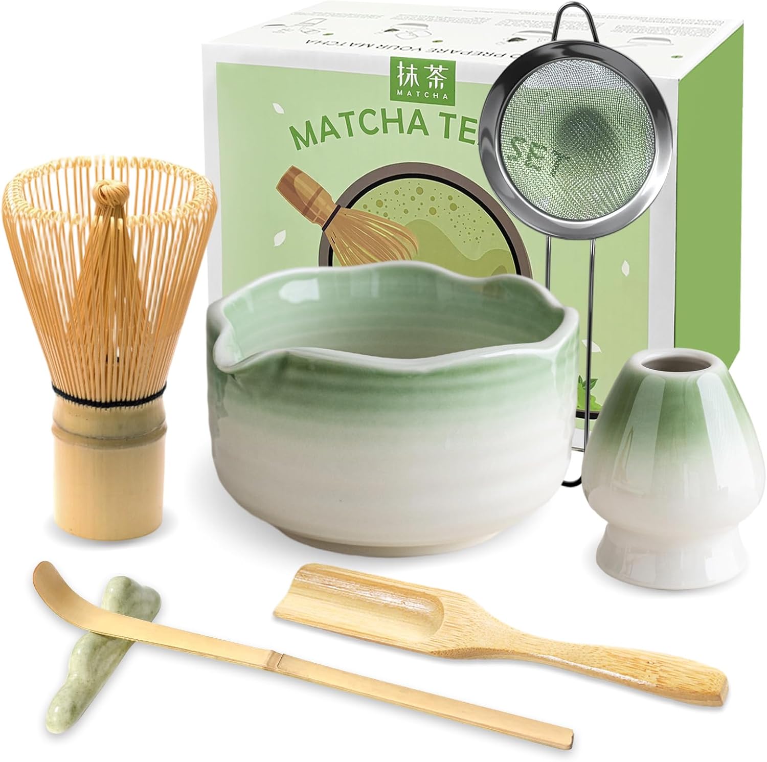 JBER Matcha Whisk Set, Ceramic Matcha Set Includes Bowl & Holder, Bamboo Whisk (Chasen), Sifter, Scoop, Spoon & Rest - 7PCS Matcha Kit Gift for Matcha Lovers & Beginners, Gradient Pink