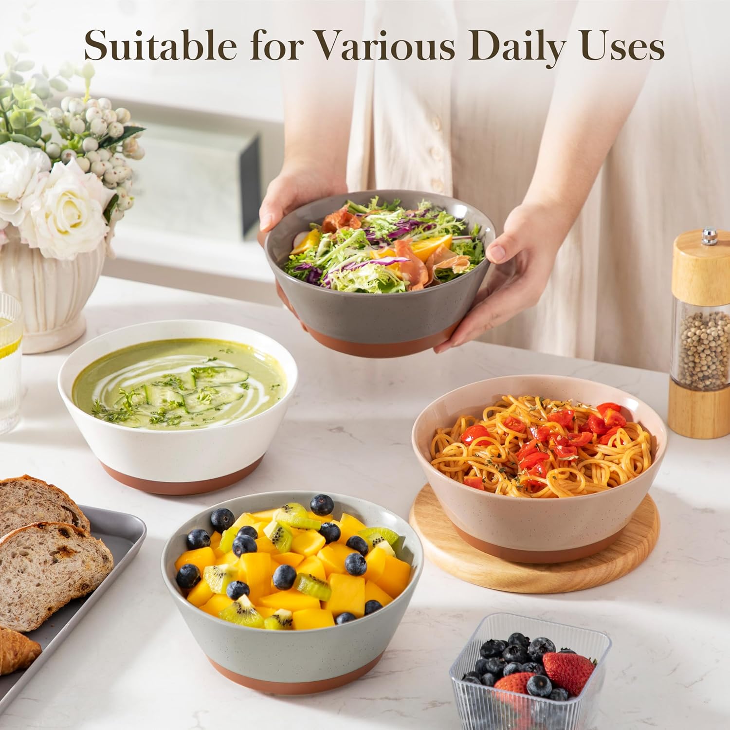 MALACASA Soup Bowls, Ceramic Salad Bowls Set of 4, 36oz Ceramic Bowls for Ramen, Cereal, Fruit and Pho, Microwave & Dishwasher Safe, Speckled Deep Bowls, Multicolor
