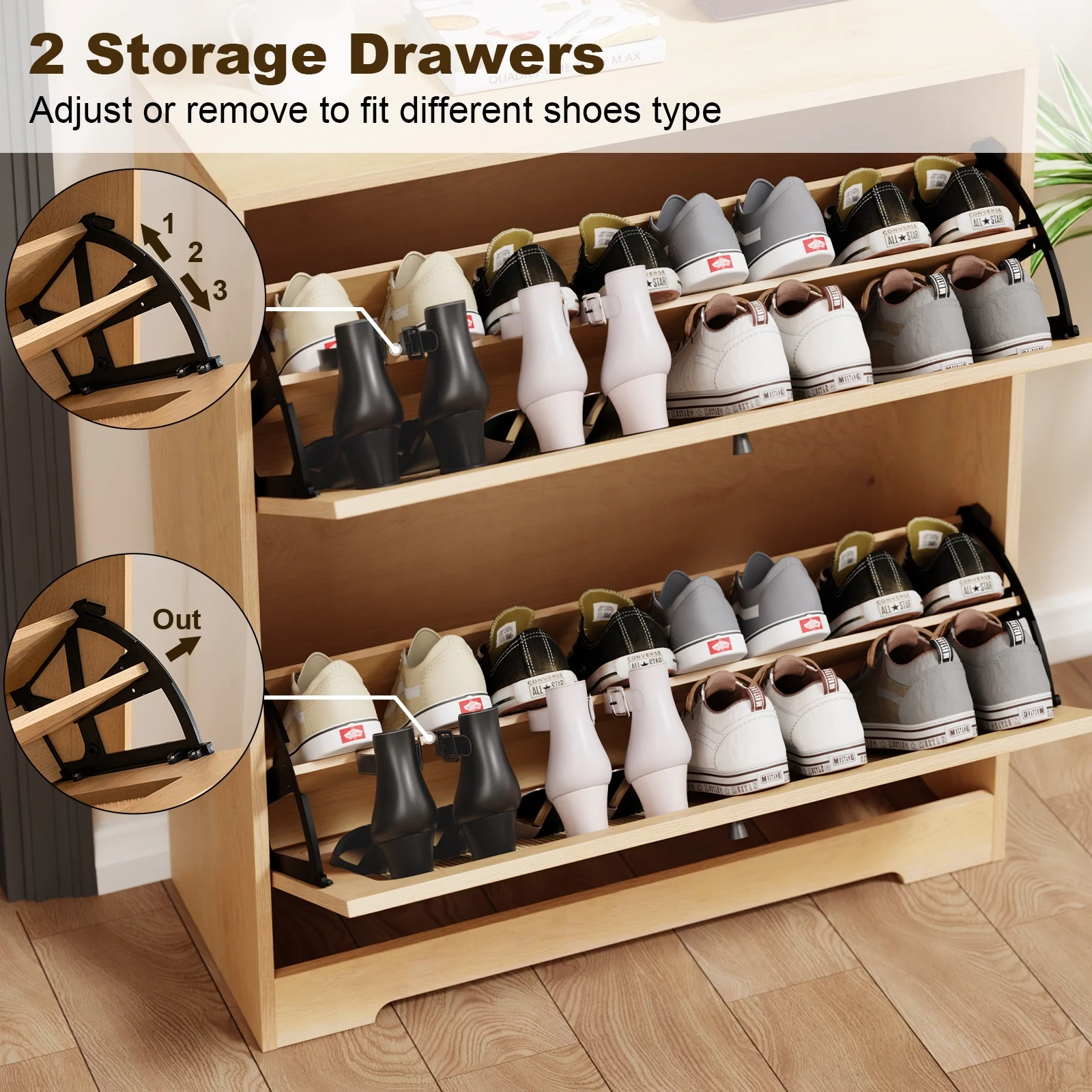 Hommpa Rattan Shoe Cabinet with 2 Flip Drawers & Adjustable Shelves 5 Tier Freestanding Tipping Bucket Shoes Storage Closet for 16 Pairs Narrow Console Table Modern Boho Entryway Shoe Rack Organizer - Image 8
