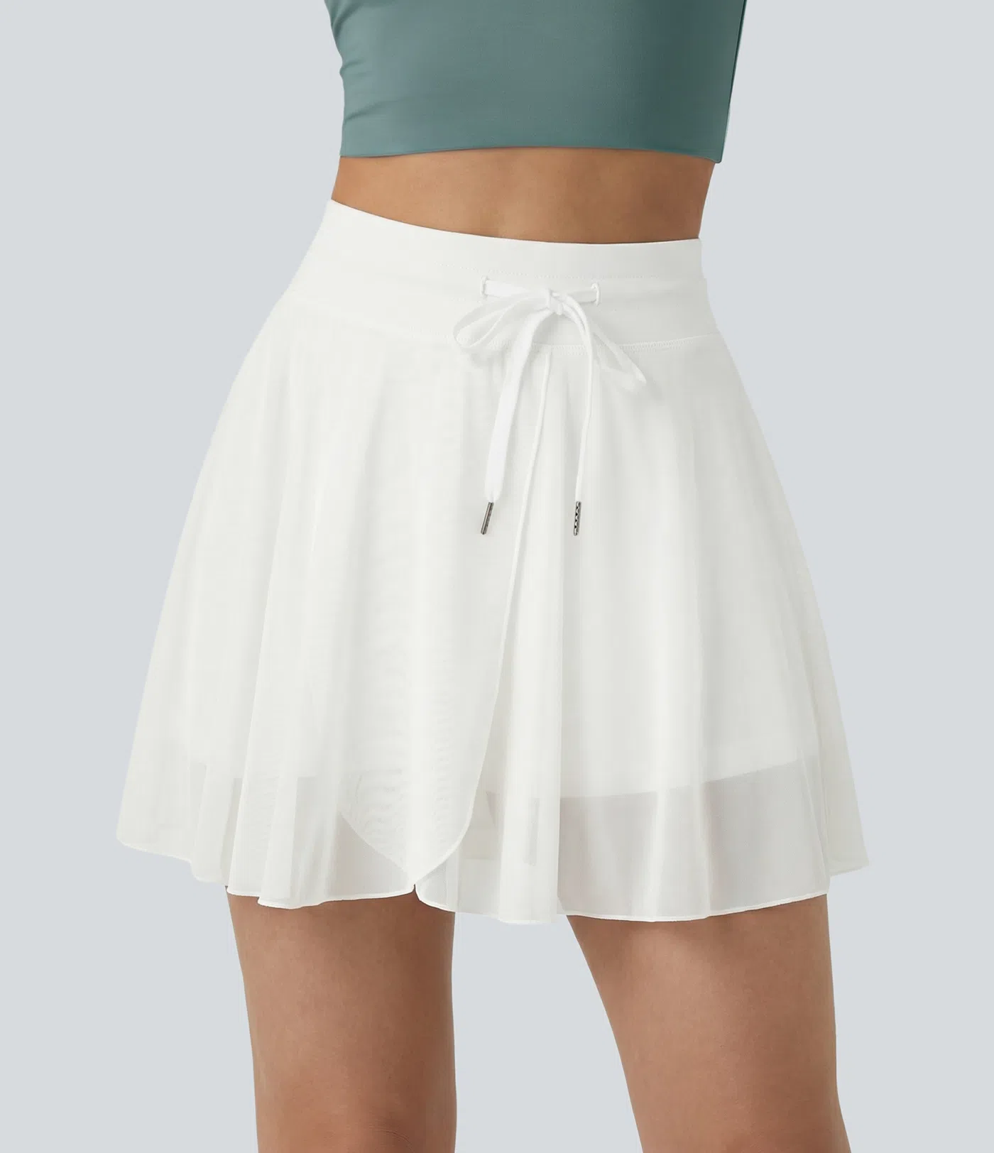 High Waisted Drawstring Contrast Mesh 2-in-1 Pocket Flowy Mini Flare Casual Skirt-Longer Length