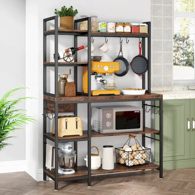 43-Inch Kitchen Bakers Rack with Microwave Stand - 5-Tier Utility Storage Shelf and 10 Hooks for Kitchen and Living Room