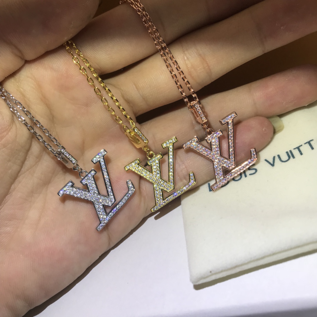 Louis Vuitton Full Diamond Paved LV Pendant Necklace - Original Replica Club