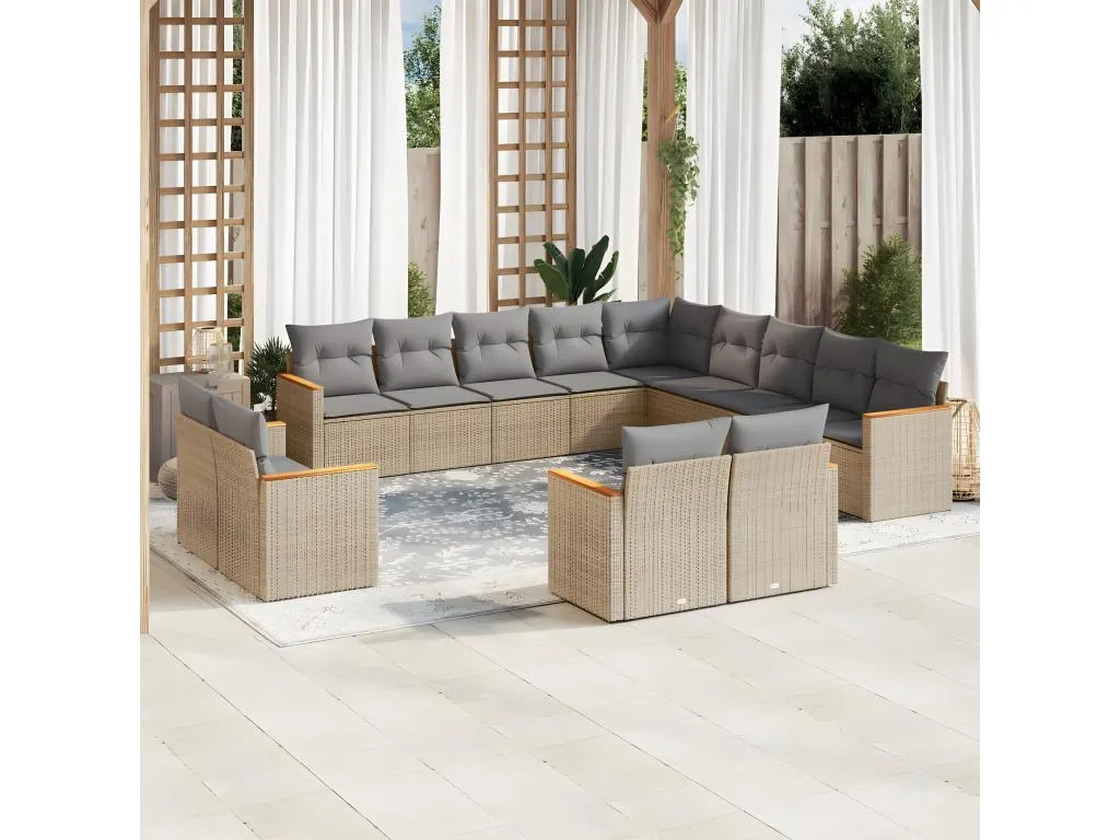 Set sofás de jardín con cojines 13 pzas ratán sintético beige YYZZ43530