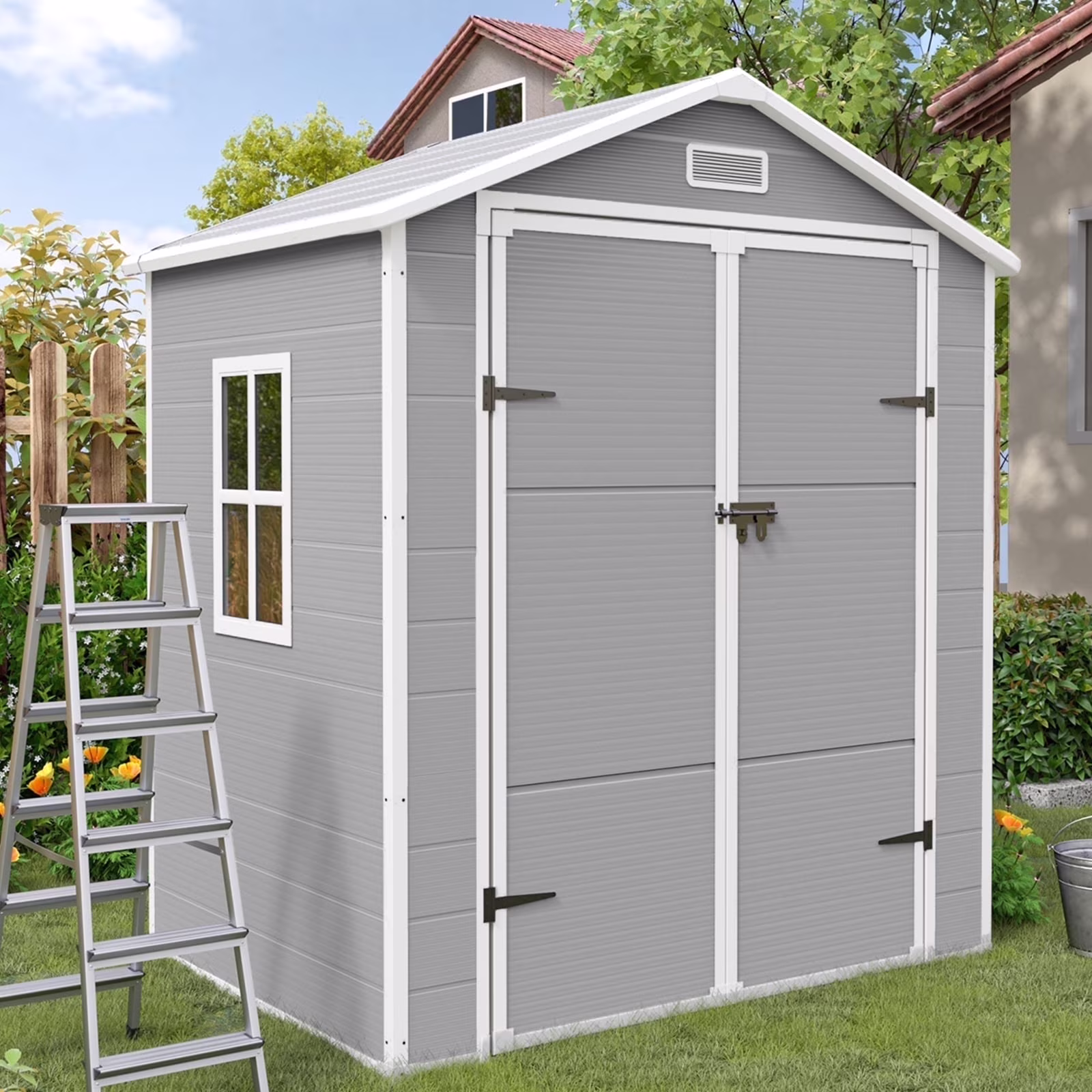 ELPOSUN Outdoor Storage Shed 6x4.5 Ft, Resin Outside Sheds Outdoor Storage Plastic for Trash Can, Bike, Lawnmower, Generator, Tool Shed with Lockable Door for Backyard, Lawn, Patio, Grey White(5*3/Gray)