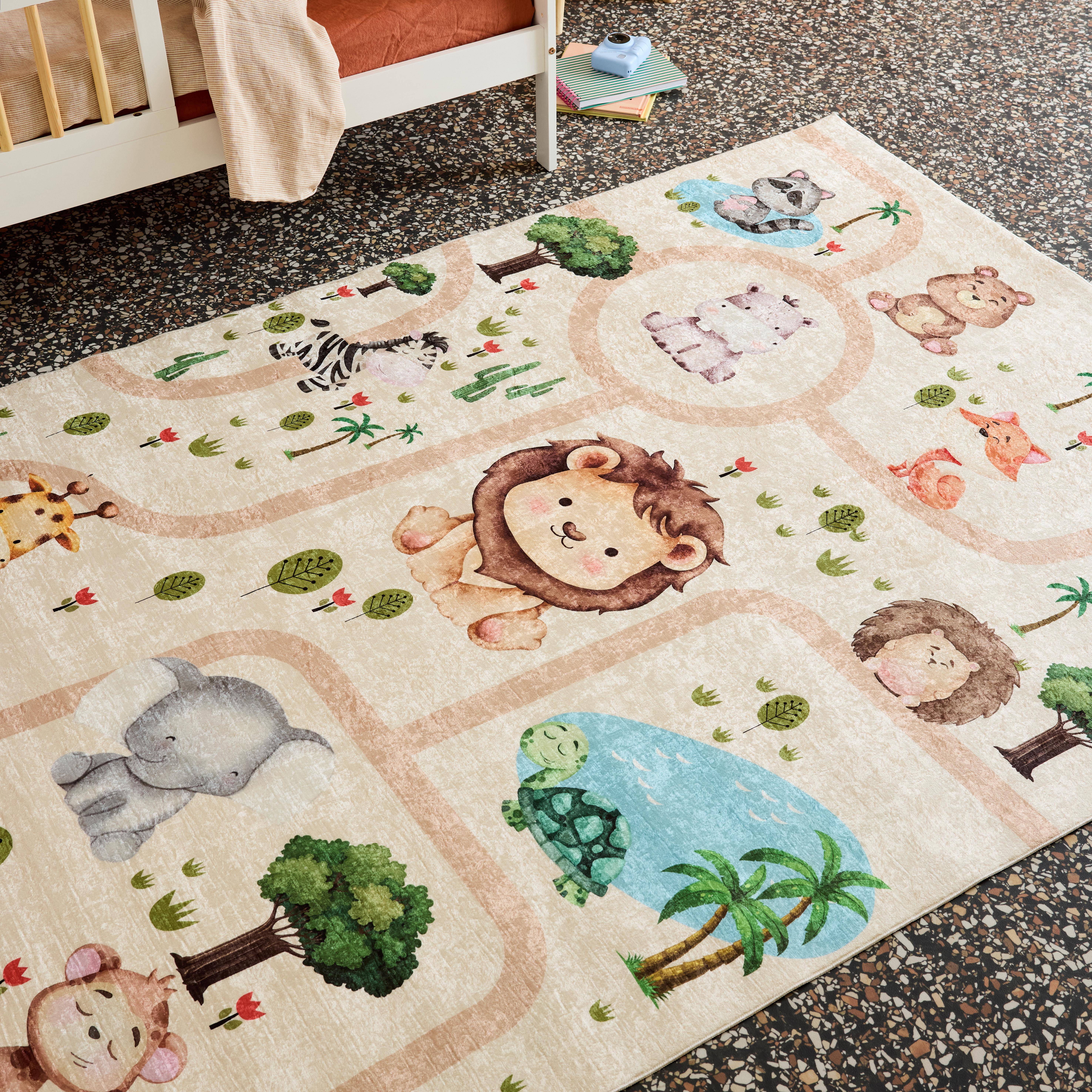 Marti - Alfombra interior infantil blanca impresa con animales