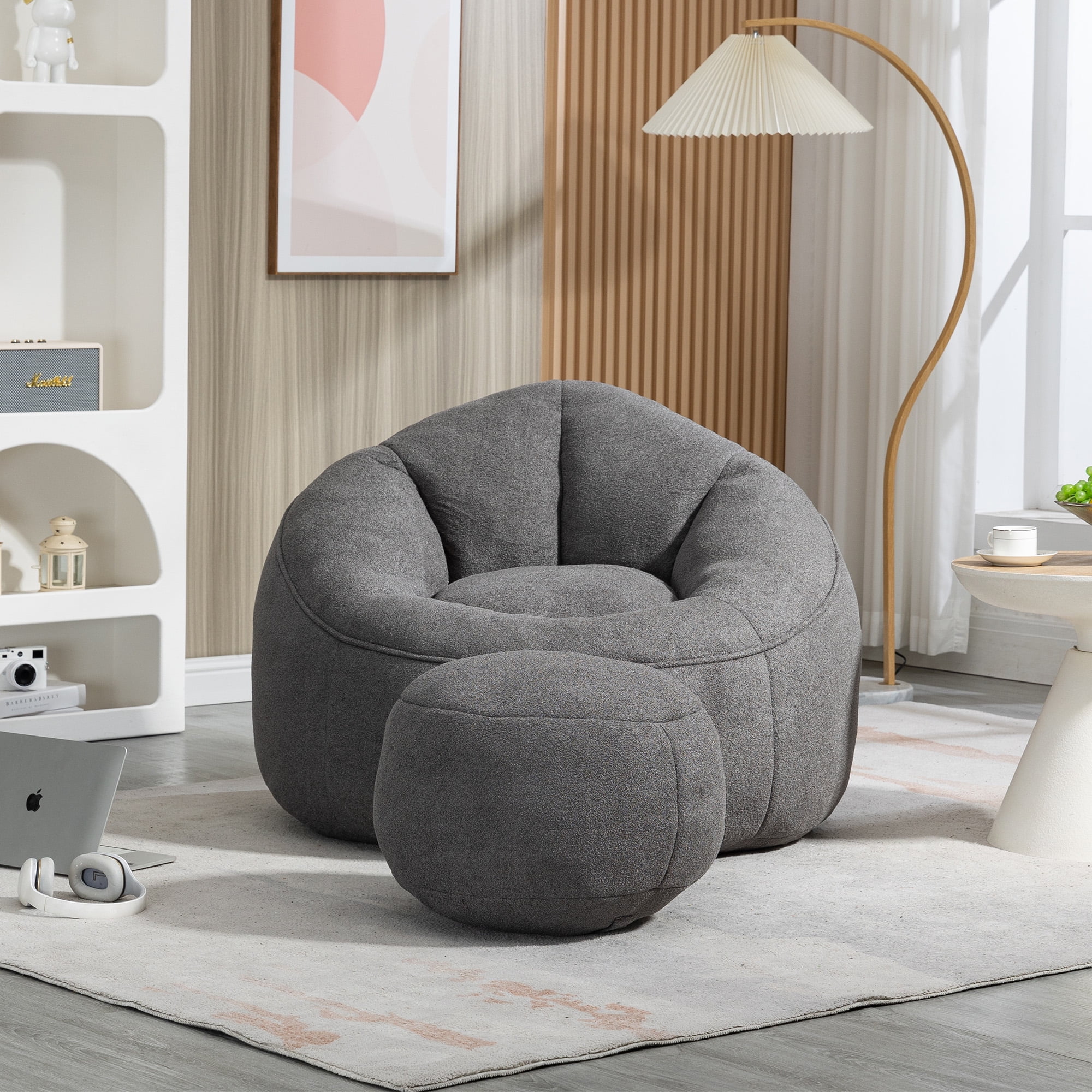 MOONMISS Microfiber Upholstered High Pressure Foam Round Lazy Bean Bag Sofa Chair with Ottoman-Gray - Image 2