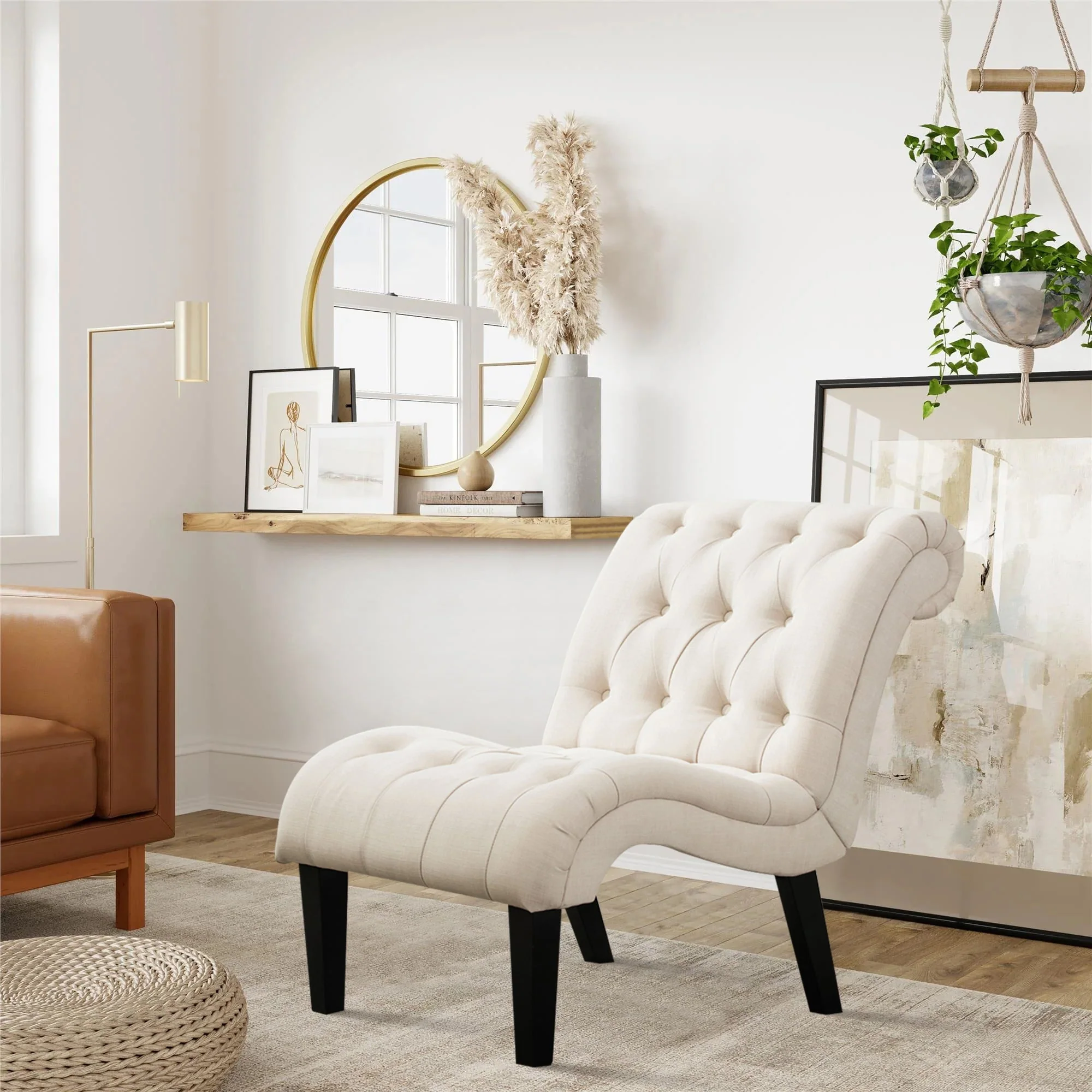 Andeworld Upholstered Accent Chair for Bedroom Living Room Chairs Lounge Chair with Wood Legs Cream Fabric - Image 4