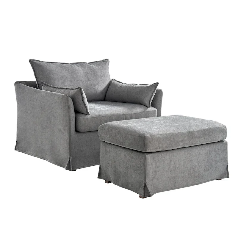 Sophie Contemporary Oversized Slipcovered Armchair and Ottoman with Lockable Rear Wheels