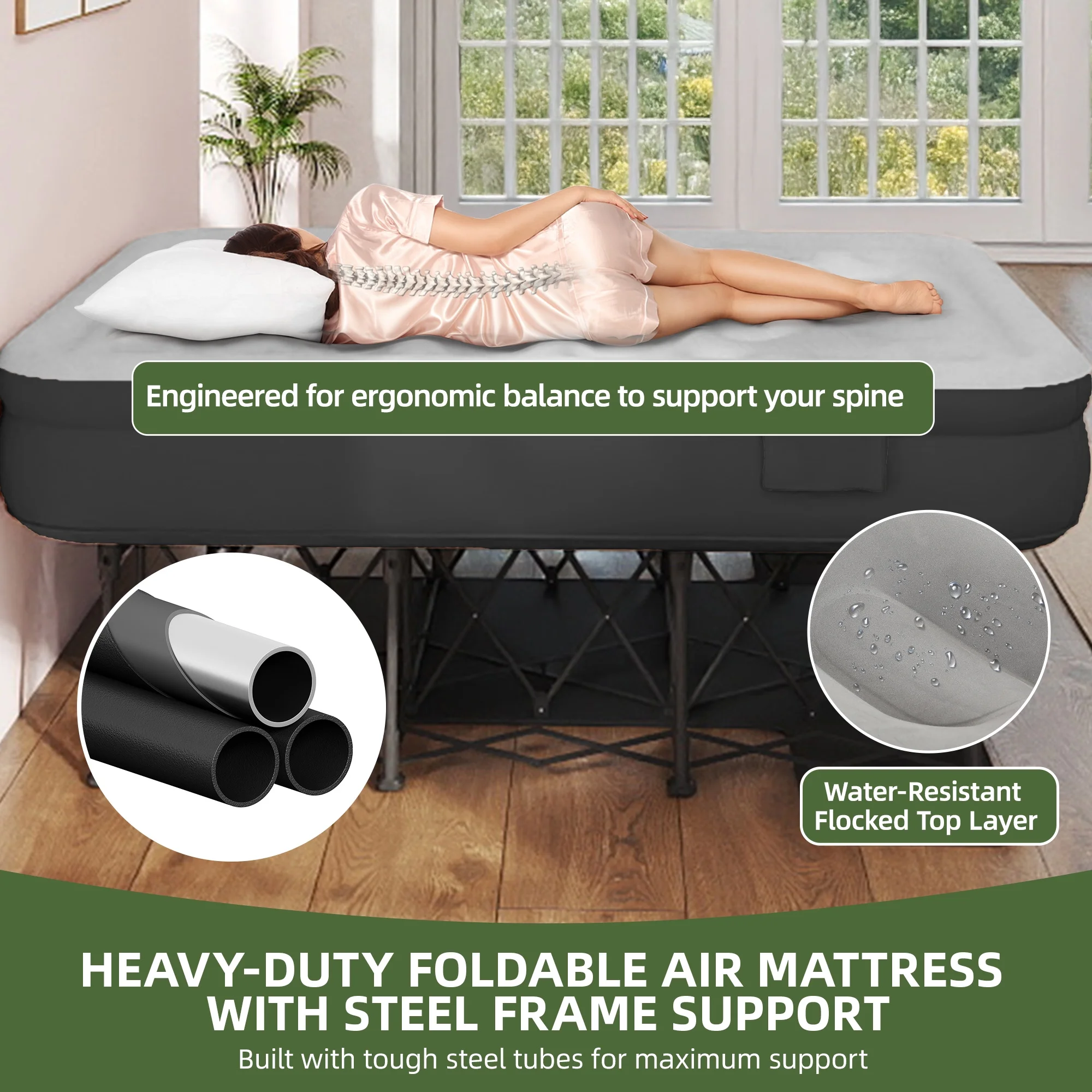 Uforic Inflatable Queen Air Mattress with Built-in Pump, Frame, Velvet Surface & Portable Storage Case, Khaki - Image 13