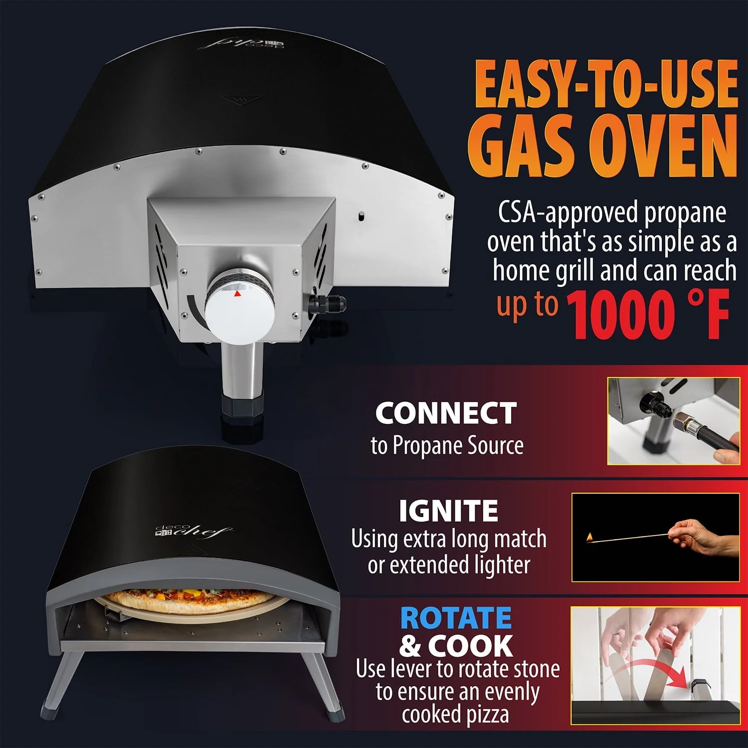 Deco Chef Outdoor Gas Pizza Oven, Portable Collapsable Design, Hassle-Free Self-Rotating Baking Stone, Black - Image 3