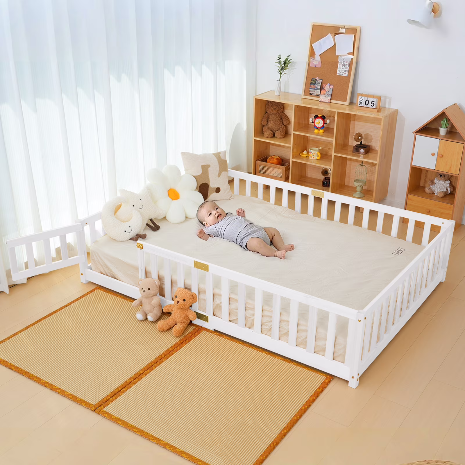 Slsy Twin Size Toddler Floor Bed, Solid Wood Montessori Bed Frame with Fence & Door Montessori Floor Bed Crib with Safety Guardrails for Girls and Boys - Image 3