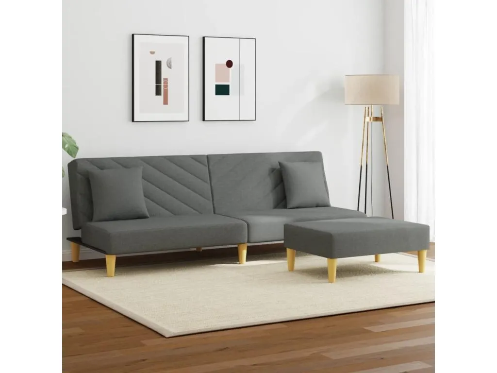 Sofá cama de 2 plazas con almohadas y taburete en tela gris oscuro. wmz3529575