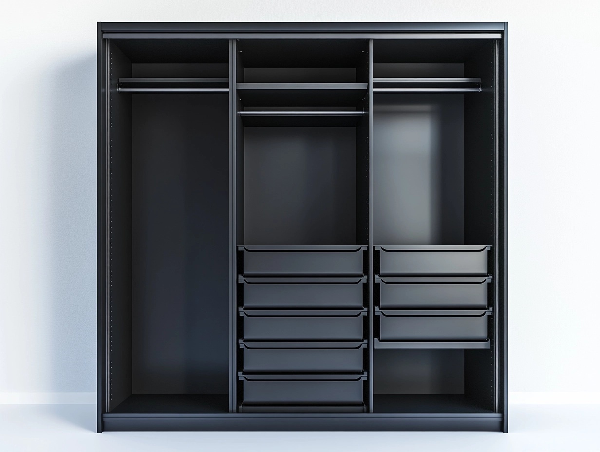 Armario grande de dormitorio con varios cajones negro moderno 200x220x60 cm para ropa madera y metal