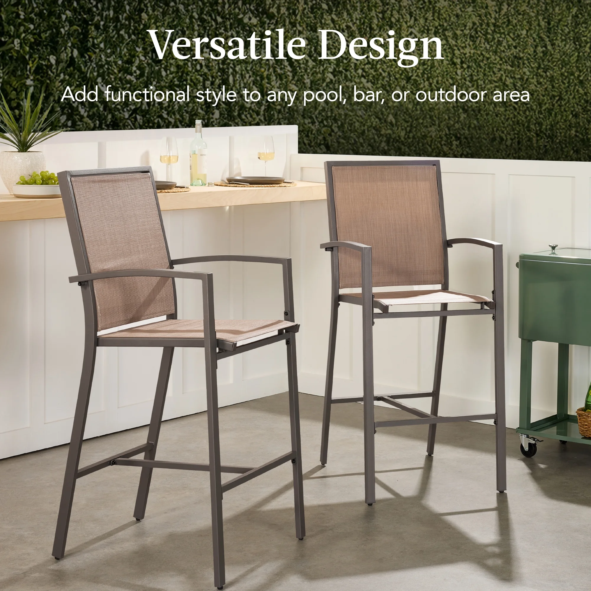 Best Choice Products Outdoor Barstools Set of 2, Bar Height Patio Chairs w/ All-Weather Mesh - Black/Black - Image 33