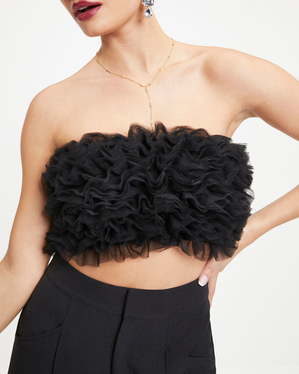 Black Swan Strapless Tulle Crop Top - Black - Se7enfashion