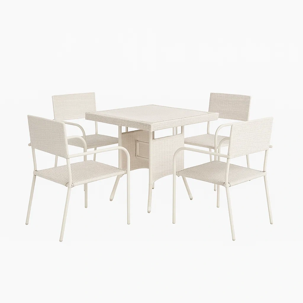 Conjunto de comedor de jardín para 4 personas, estructura de metal y ratán PE, 4 sillas, 1 mesa, Blanco roto - tqLXbuh209su