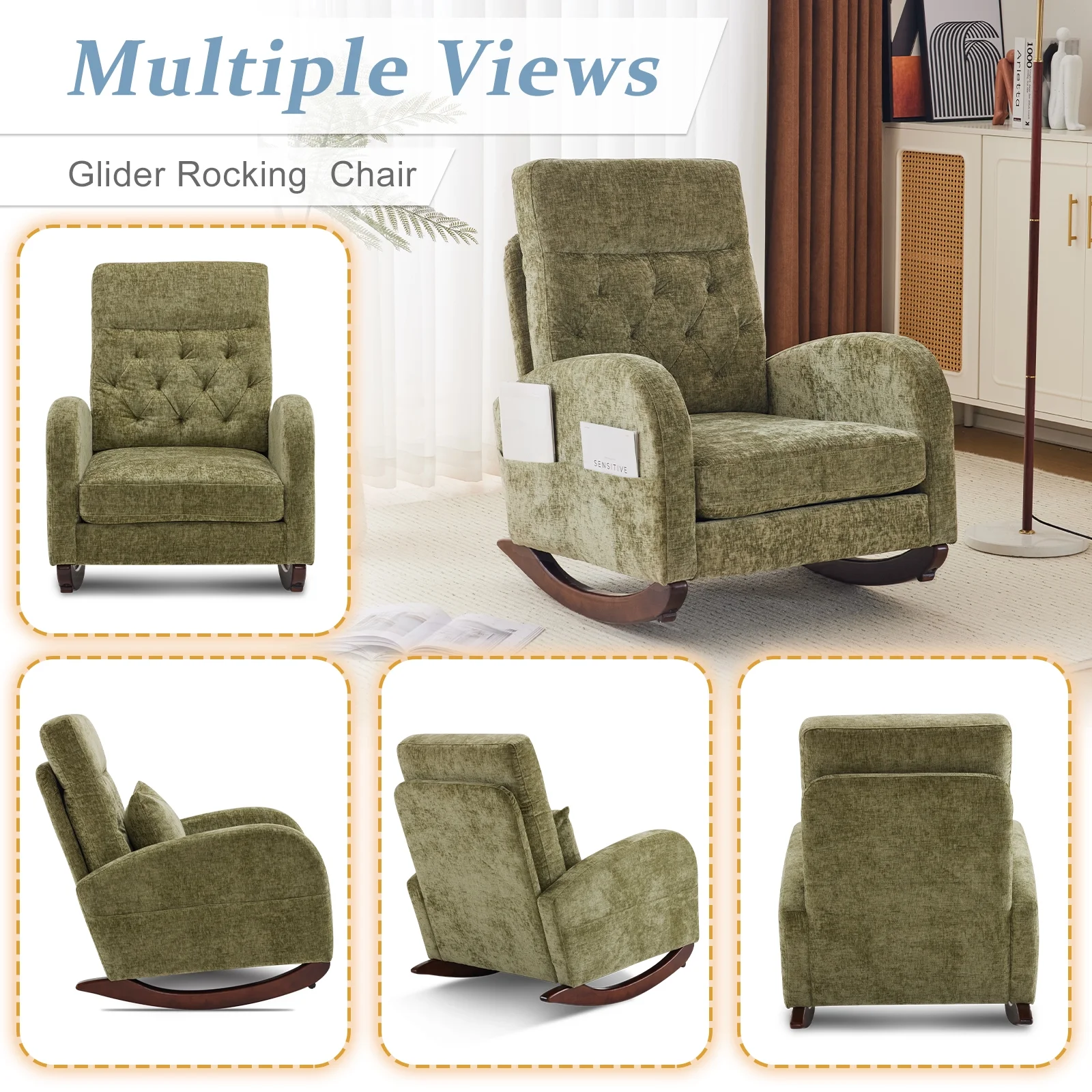 Ktaxon Rocking Accent Chair Glider Reading Chair Comfy Teddy Velvet Upholstered Single Sofa Rocker for Living Room, Nursery, Bedroom Beige - Image 47